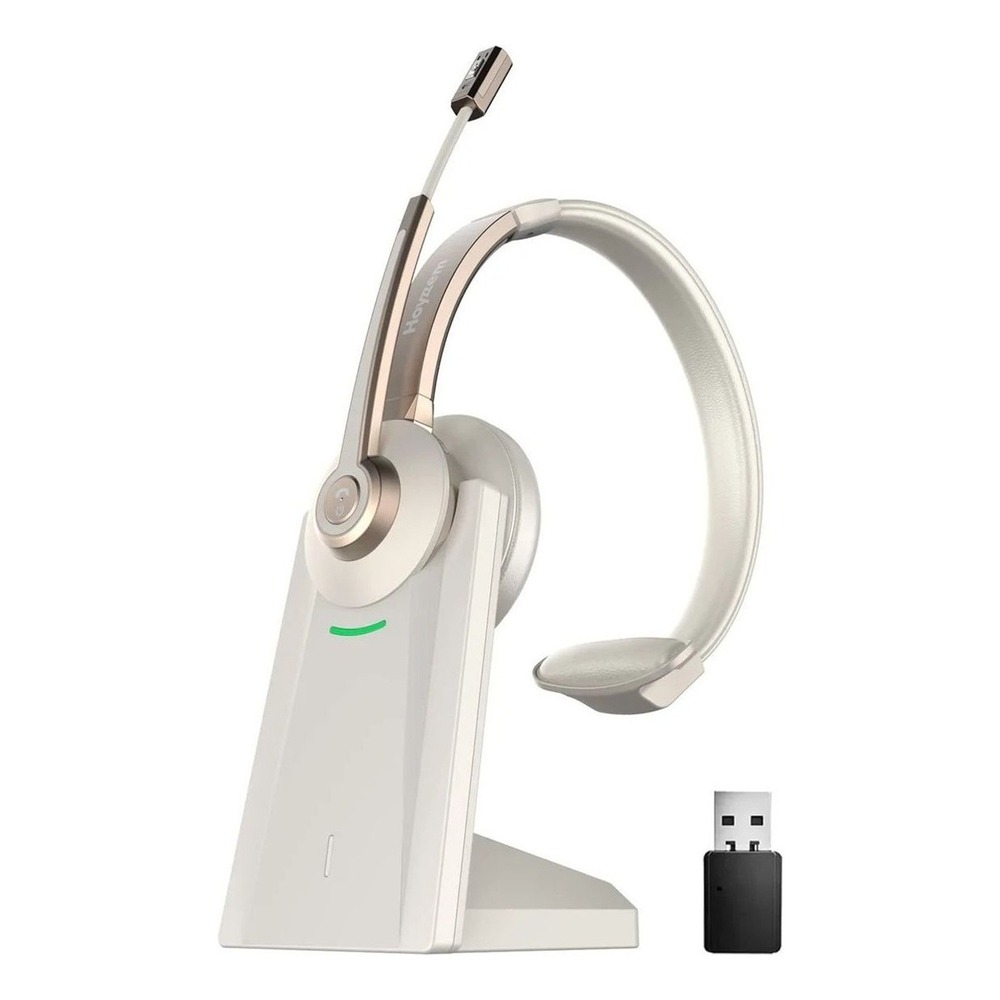 Hoyzzem Wireless Bluetooth 5.0 Headset with Mic & Charging Base USB Dongle White